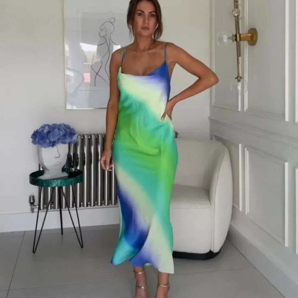 Zara Multicolored Tie Dye Satin Effect Cross Back Midi Dress Blue Green Ombre XS